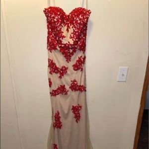 Long formal dress, size small, colors are nude and red